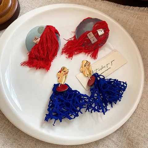 Red Blue Pendientes Colgantes Statement Flecos Concha Tela Con Poste De Plata De Ley 925 Joyas Bohemias Étnicas Vintage Para Mujer