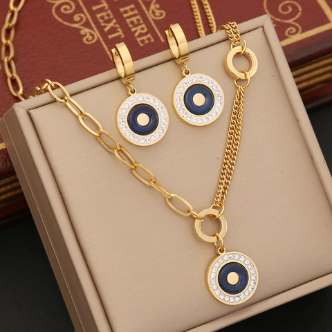Collana E Bracciale Pendente Malocchio Acciaio Inossidabile Smalto Strass Ciondolo Rotondo Catena Doppio Strato Gioielli Donna