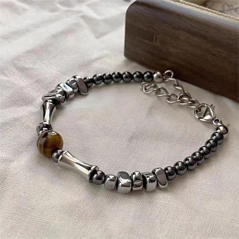 Retro Titanstahl Armband Natur Tigerauge Stein Perlen Bambus Gelenk Design Unisex Verstellbar Punk Stil Schmuck