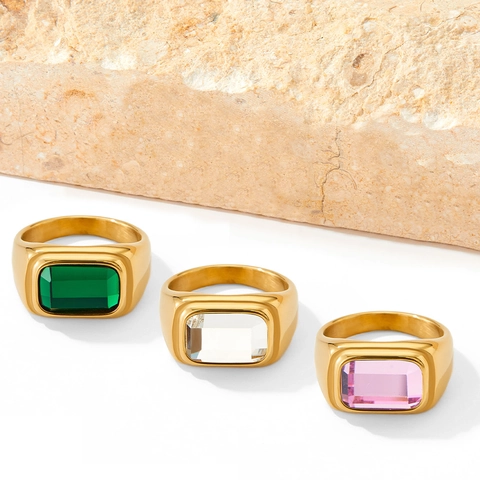 Anello Largo Vintage Acciaio Inossidabile Placcato Oro Zirconia Cubica Rettangolare Gioielli Minimalisti Per Donne