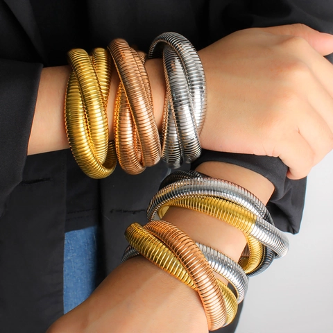 Stainless Steel Tubogas Coil Wrap Bracelet Multi Layer Snake Chain Bangle Flexible Stretch Bangle For Women Fashion Jewelry