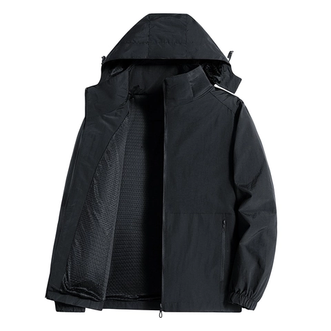 Men Hooded Windbreaker Jacket Lightweight Breathable Polyester Mesh Lining Zip Up Outdoor Casual Plus Size Coats