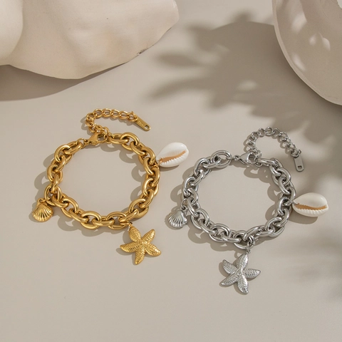 Zeester Schelp Conch Bedelarmband Roestvrij Staal 18K Verguld Dikke Ketting Waterdicht Hypoallergeen Strand Sieraden