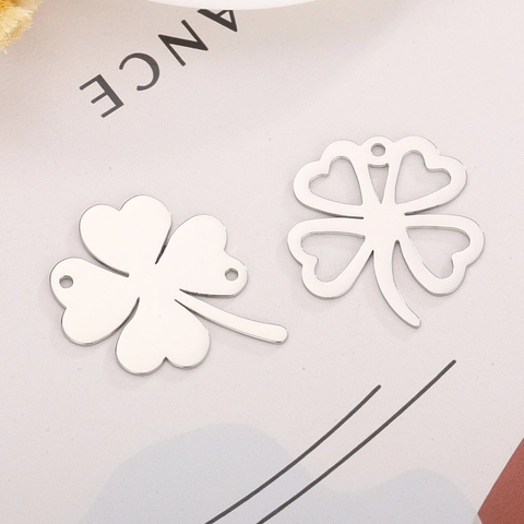 Four Leaf Clover Pendants Stainless Steel DIY Necklace Bracelet Charms Silver Color Mirror Polished Heart Hollow Design