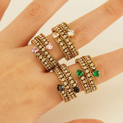 Multilayer Spiral Ring Stainless Steel 18K Gold Plated Zircon Heart Square Open Adjustable Fashion Jewelry Women