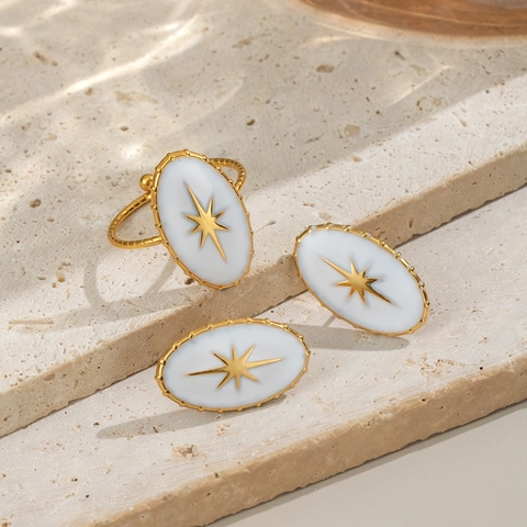 Ovaler Stern Ohrringe Und Ring Edelstahl Weiß Emaille Vergoldet Retro Luxus Bankett Accessoire Für Damen