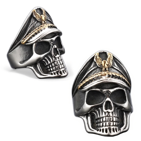 Punk Skull Ring With Military Officer Hat 316L Stainless Steel Gothic Biker Vintage Eagle Emblem Men Jewelry