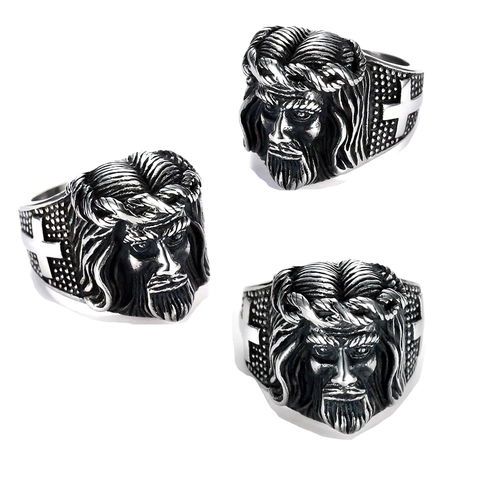 Anello Ritratto Testa Gesù Cristo Acciaio Inossidabile Rilievo Croce Retro Vintage Stile Gotico Punk Per Uomini