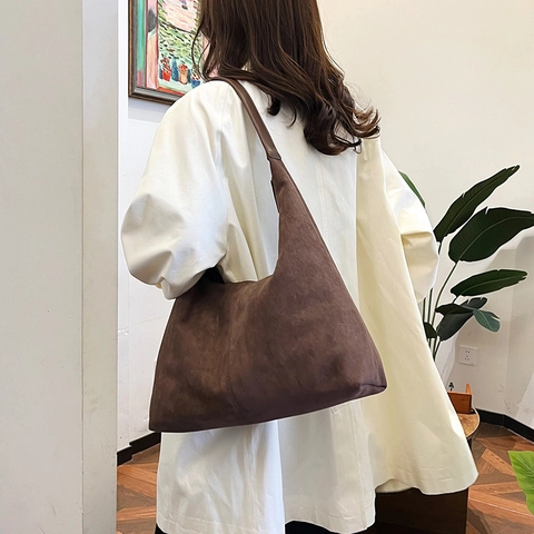 Large Capacity Hobo Bag For Women Frosted Suede Texture Underarm Tote Vintage Simple Commute Shoulder Bag