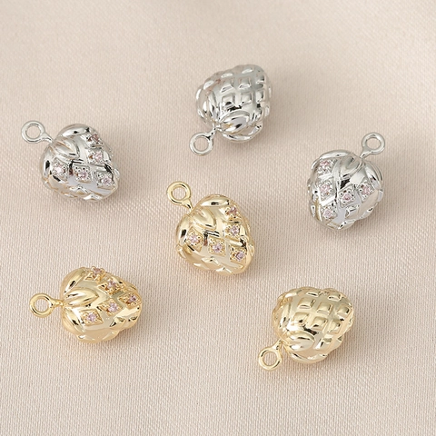 Erdbeere Frucht Anhänger Für DIY Schmuckherstellung 18K Vergoldetes Messing Mit Rosa Zirkon Funkelnder Fruchtschmuck