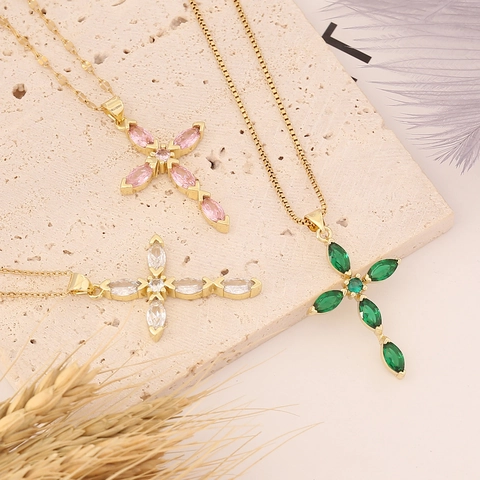 Collana Con Pendente A Croce Zircone Taglio Marquise Rame Acciaio Inossidabile Placcato Oro Gioielli Hip Hop