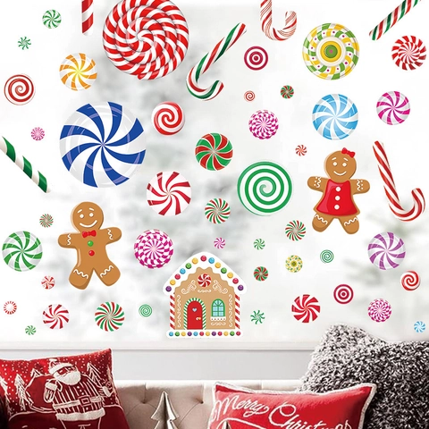 Christmas Candy Gingerbread Man Wall Stickers PVC Self Adhesive Window Decals For Home Fridge Holiday Decoration Multi Color