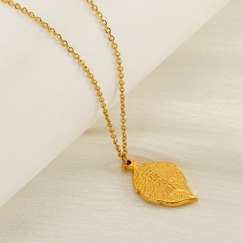 Leaf Pendant Necklace Stainless Steel 18K Gold Plated Lucky Inscription Minimalist Jewelry For Women