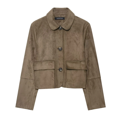 Veste En Daim Pour Femmes Courte Col Rabattu Boutonnière Poches À Rabat Coupe Décontractée Style Streetwear Mode