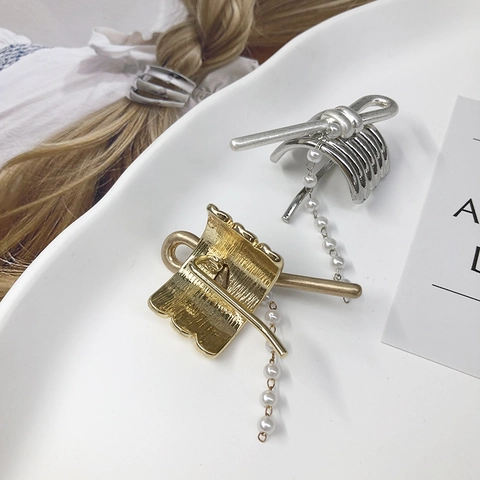 Gancho Para Pelo De Aleación Elegante Clip Para Coleta Con Borla De Cadena De Perlas Artificiales Horquilla Nudo De Metal Moda