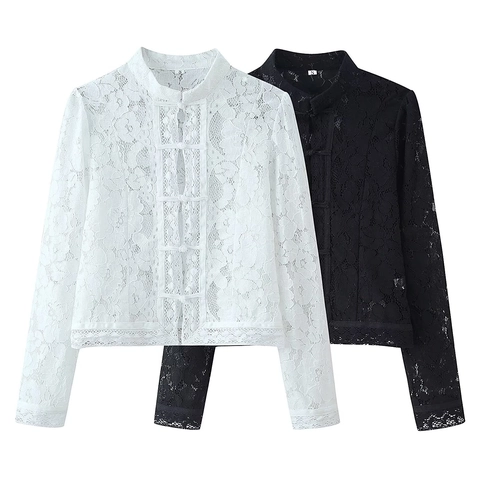 Elegante Camicetta In Pizzo Top Maniche Lunghe Collo Alto Bottone Rana Vintage Vestibilità Aderente Camicia Floreale Donna
