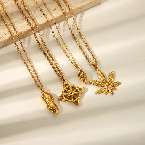 Collar De Colgante Acero Inoxidable Chapado En Oro 18K Impermeable Nudo Celta Concha Perla Artificial Cacahuete Hoja Joyería Unisex