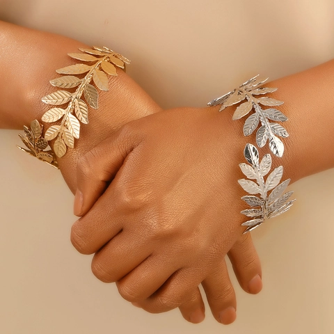 Brazalete De Hoja Metal Pulsera Ajustable Rama De Laurel Estilo Griego Bohemio Vintage Joyería Para Mujeres