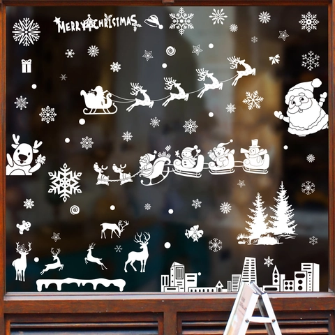 Christmas Window Clings Static Stickers White Snowflakes Reindeer Santa PVC Decals Holiday Glass Showcase Decoration