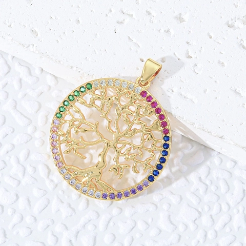 Collier Pendentif Arbre De Vie En Cuivre Plaqué Or Avec Zircone Colorée Bijoux Mode Style Ins Pour Femmes