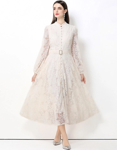 Elegantes Französisches Retro Spitze Maxikleid Stehkragen Laternenärmel Blumenstickerei Hohe Taille Kleid Mit Gürtel