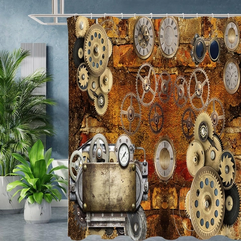 Steampunk Βιομηχανική Κουρτίνα Μπάνιου Αδιάβροχη Πολυεστέρας Vintage Μηχανικά Γρανάζια Ρολόι Διακόσμηση Μπάνιου Με Γάντζους