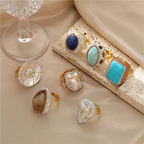 Baroque Natural Artificial Pearl Adjustable Ring Copper Evil Eye Turquoise Lapis Lazuli Retro French Statement Jewelry For Women