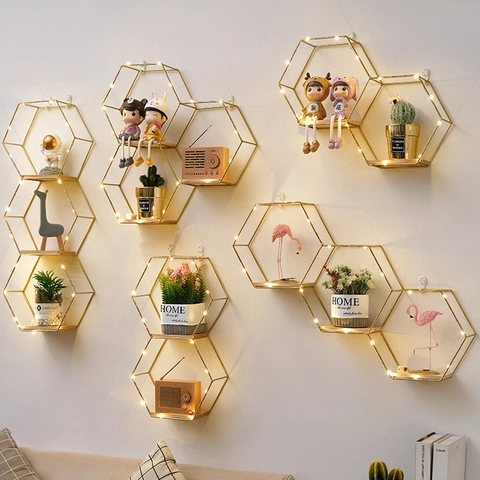Hexagonal Wall Mounted Shelves Metal Iron Wood Geometric Storage Rack With LED String Lights Nordic Home Decor