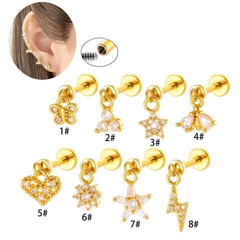 Stainless Steel Internal Thread Lip Stud Ear Bone Nail Rhinestone Lightning Star Heart Piercing Jewelry For Women Men