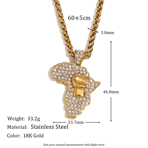 Collana Pendente Mappa Africa Pugno Acciaio Inossidabile Iced Out Strass Placcato Oro 18K Gioielli Hip Hop Uomo Catena Torsione