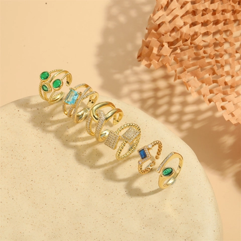 Bague Ouverte Ajustable Cuivre Plaqué Or 14K Zircon Multicouche Géométrique Élégant Bijoux Pour Femmes