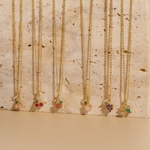 Fruit Hanger Ketting Koper 14K Verguld Gekleurde Zirkonia Kers Appel Druif Kokosnoot Elegante Sieraden Voor Dames
