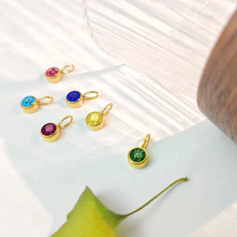 316L Stainless Steel Birthstone Pendant Round Rhinestone Charm DIY Jewelry Making Accessories Gold Steel Colors For Women