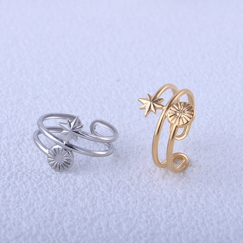 Bague En Acier Inoxydable Soleil Étoile Double Couche Ouverte Réglable Bijoux De Doigt Élégant Style Ins Pour Femmes