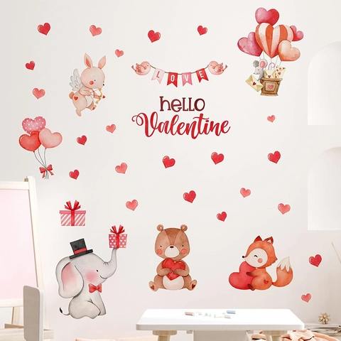Autocollants Muraux Valentin PVC Auto-adhésifs Animaux Dessins Animés Cœurs Ballons Pour Chambre Salon Style Aquarelle