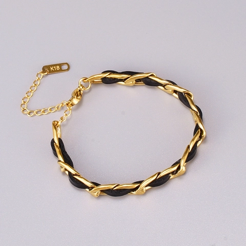 Bracciale A Catena Intrecciata Vintage Placcato Oro 18K Acciaio Titanio 316L E Cordino In Pelle Intrecciato Gioielli Donna