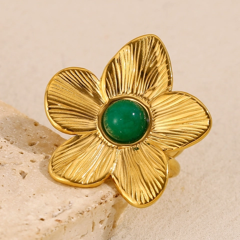 Vintage Stainless Steel Flower Open Ring For Women Eighteen Karat Gold Plated Turquoise Inlaid Adjustable Floral Statement Finger Ring Jewelry