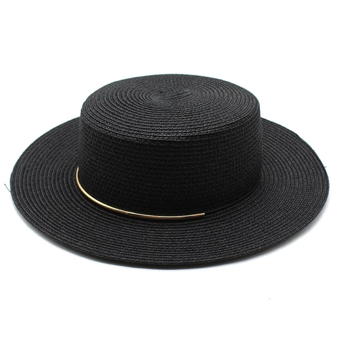 Women Boater Hat Paper Straw Wide Brim Flat Top Summer Beach Sun Hat French Retro Elegant Style Metal Ring Decor
