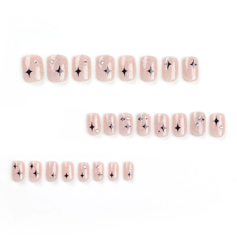 Short Square Press On Nails Nude Pink Silver Glitter Black Star Pattern Rhinestone French Minimalist Style For Women