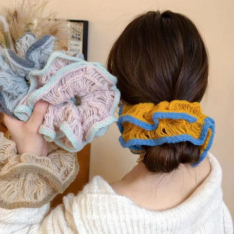 Knitted Wool Yarn Scrunchie Elegant Hollow Crochet Floral Large Hair Ring Elastic Ponytail Holder For Women