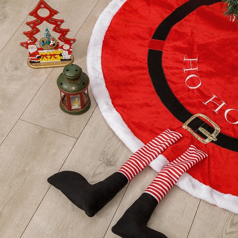 Christmas Tree Skirt Plush Velvet Santa Suit Design With Belt Elf Legs Ho Ho Ho Holiday Xmas Party Floor Decoration