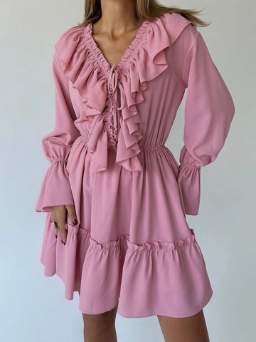 V Neck Ruffle Mini Dress Elegant Long Flare Sleeve Tie Front Solid Color Elastic Waist Polyester Short Skirt Women