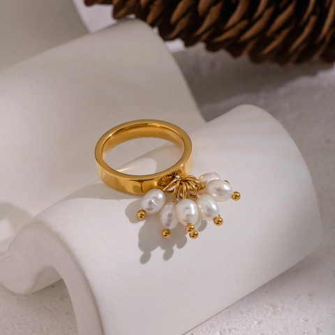 Anillo Elegante Con Pendente Di Perle D'acqua Dolce Acciaio Inossidabile Placcato Oro Nappa Gioielli Da Dito Per Donna Moda