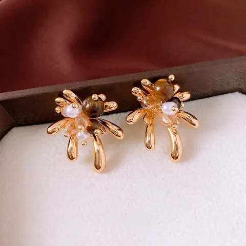 Pendientes De Botón Florales Con Ojo De Tigre Perla Artificial Cristal Y Poste De Plata De Ley 925 Joyería De Lujo Baño De Oro