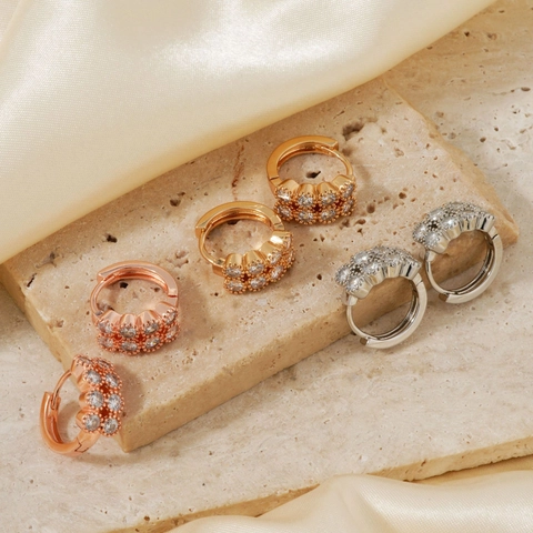 Boucles d'Oreilles Huggie Créoles Double Rangée Zircone Cuivre Micro Pavé Rond Géométrique Élégant Pour Femmes
