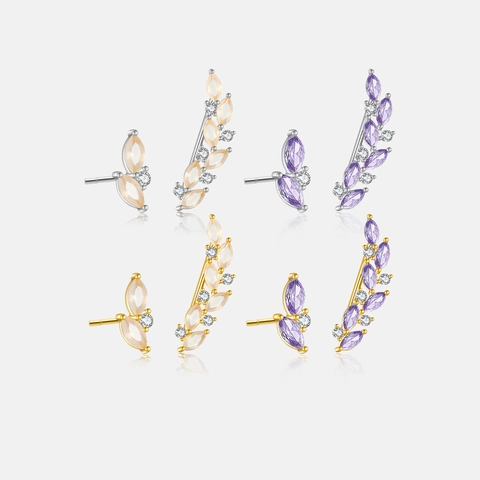 Asymmetrical Leaf Crawler Earrings In 925 Sterling Silver With Marquise Cubic Zirconia Branch Studs For Women