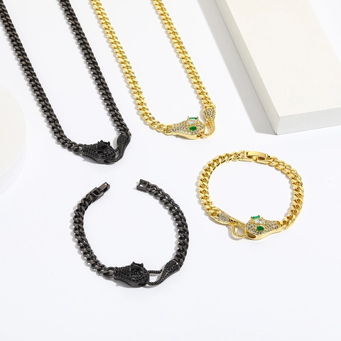 Collier Bracelet À Maillons Cubains Tête De Serpent Léopard Laiton Zircone Cubique Micro Pavé Bijoux Animaux Hip Hop Punk