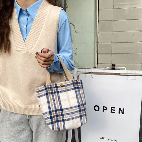 Woolen Plaid Handbag Retro Houndstooth Tote Bag Small Square Fabric Purse With Metal Snap Buckle Elegant For Women