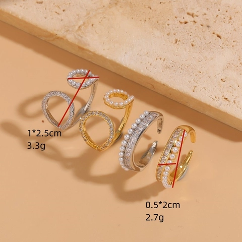 Geometrischer Künstliche Perlen Zirkon Offener Verstellbarer Ring Kupfer 14K Vergoldet Französischer Luxus Elegant Mode Für Damen