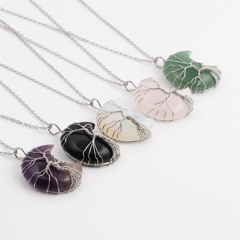 Tree Of Life Moon Pendant Necklace Natural Crystal Amethyst Opal Green Aventurine Wire Wrapped Fashion Jewelry For Women
